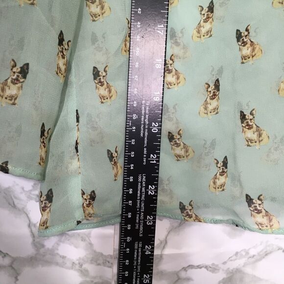 ZARA FRENCH BULLDOG PRINT NOVELTY SHEER CHIFFON STUDDED SHOULDER MINT BLOUSE S - Picture 7 of 12